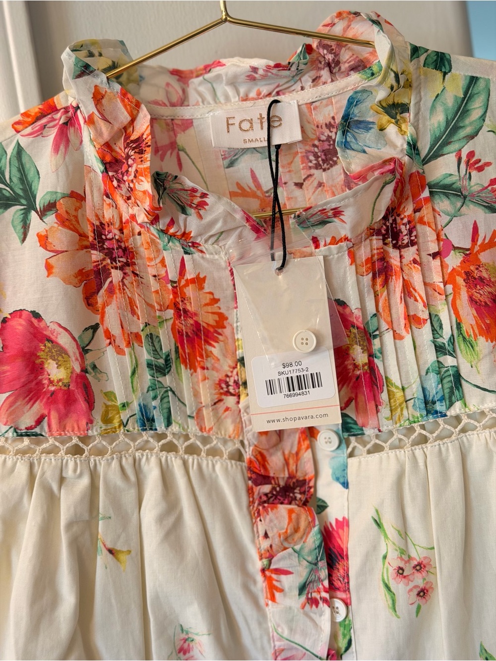 Fate Cream Floral Cotton Peasant Blouse with Pink & Yellow Blooms - Picture 2 of 3